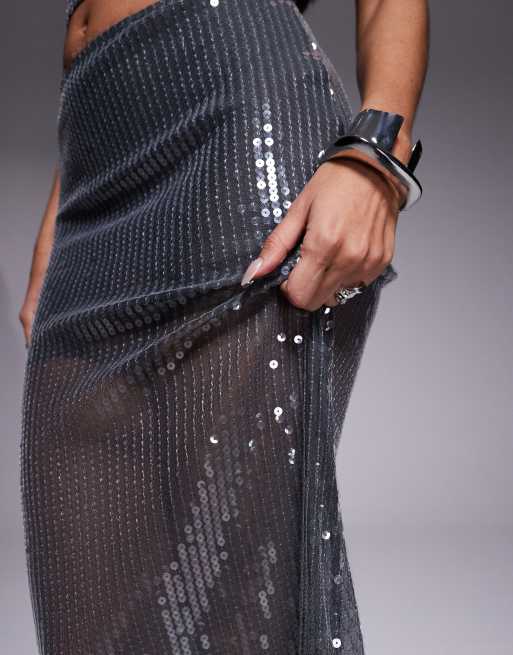 South Beach sequin maxi beach skirt in silver