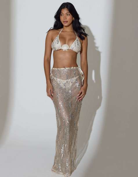 South Beach Sequin maxi skirt in cream - view 1