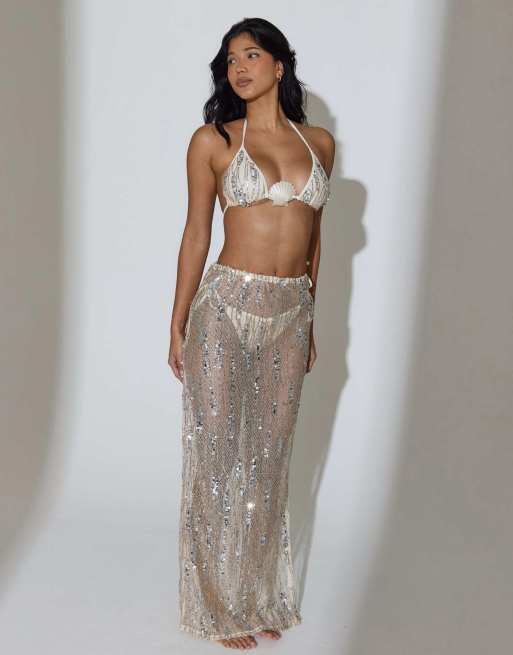 South Beach Sequin maxi skirt in cream, 3 of 4
