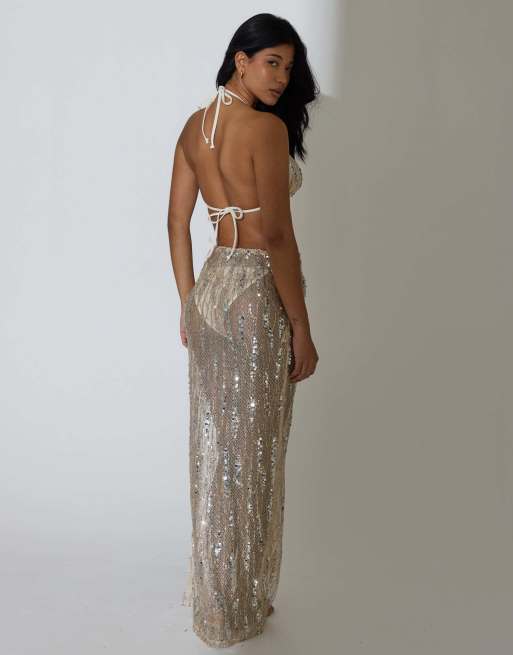 South Beach Sequin maxi skirt in cream, 4 of 4