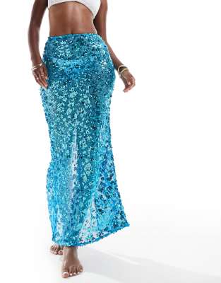 sequin mesh maxi beach skirt in blue