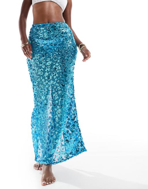 South Beach sequin mesh maxi beach skirt in blue ASOS