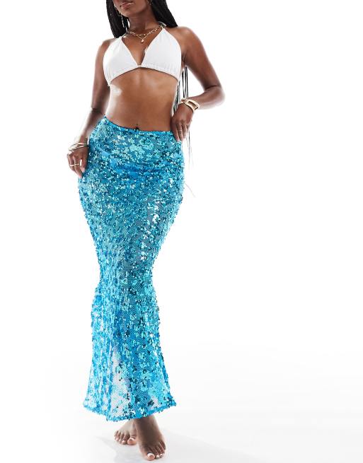 South Beach sequin mesh maxi beach skirt in blue ASOS