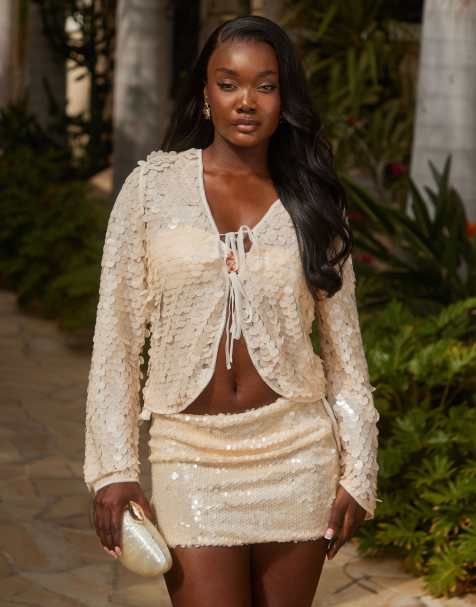 South Beach sequin mini beach skirt in cream - view 1