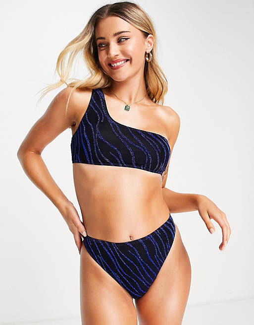 South Beach sequin one shoulder bikini top in black/blue zebra print