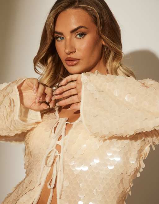 South Beach Sequin tie beach top in cream, 3 of 4