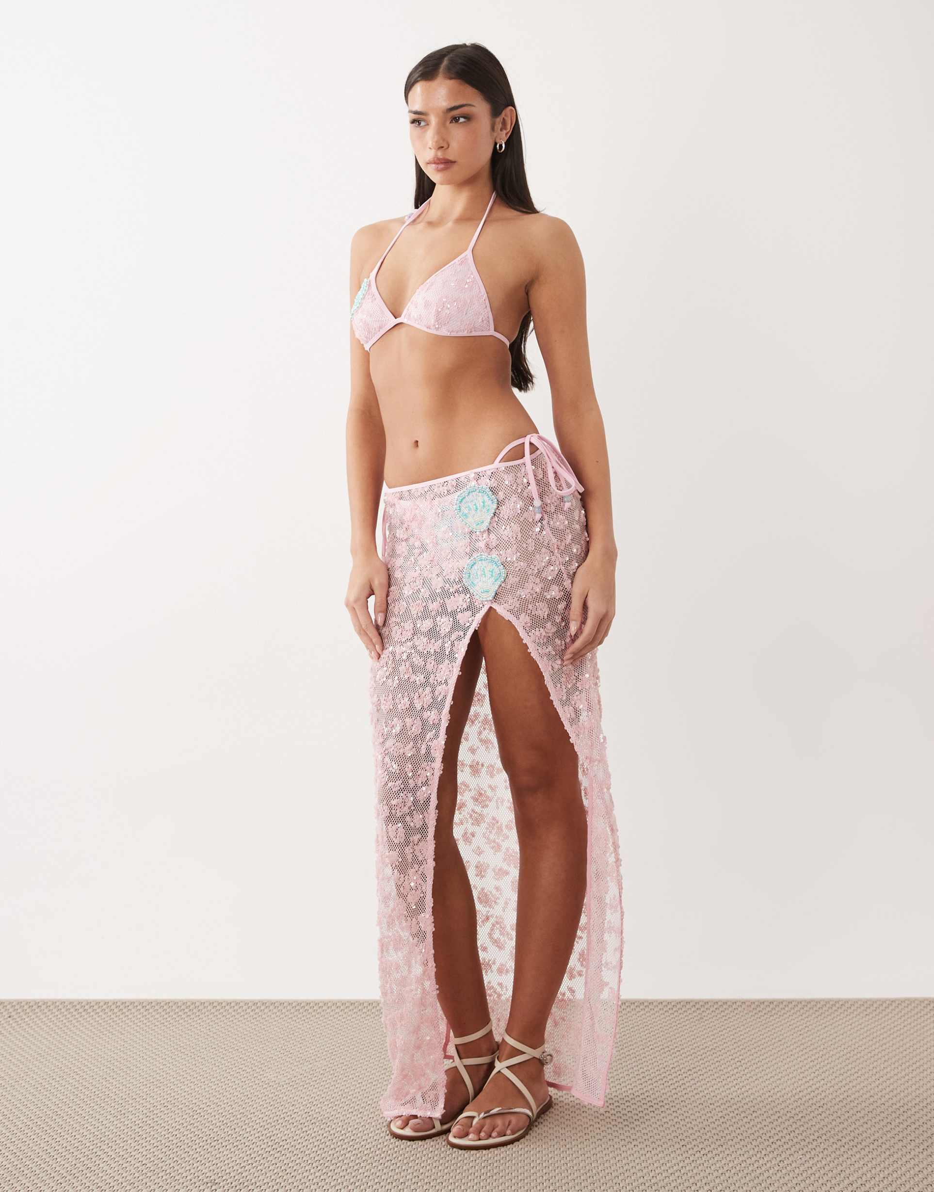 south beach sequined maxi skirt with shell appliqués in baby pink