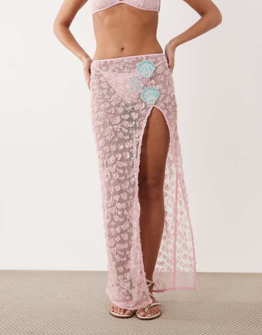 South Beach sequined maxi skirt with shell appliqués in baby pink, 2 of 5
