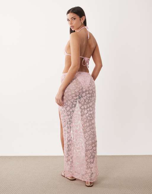 South Beach sequined maxi skirt with shell appliqués in baby pink, 4 of 5