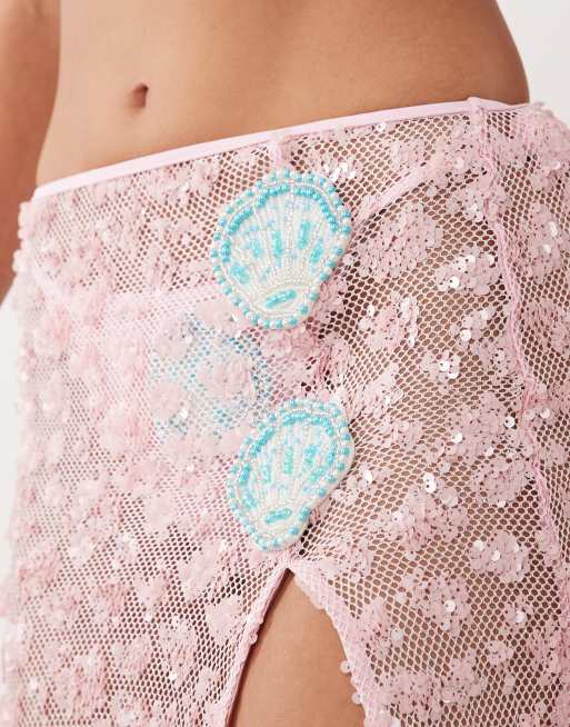 South Beach sequined maxi skirt with shell appliqués in baby pink, 5 of 5