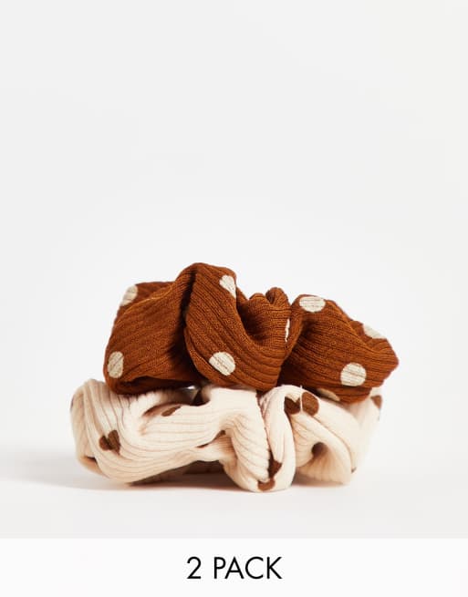 South Beach - Set van 2 scrunchies met stippen in bruin en crème