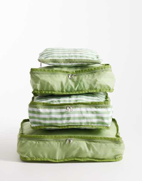 South Beach - Set van 4 gemixte packing cubes in groen en gingham ruit - view 1
