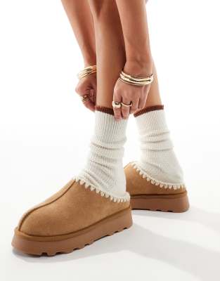 Sheepskin Slip On Platform Mules in Tan-Brown