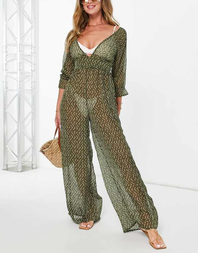 South Beach sheer beach jumpsuit in print