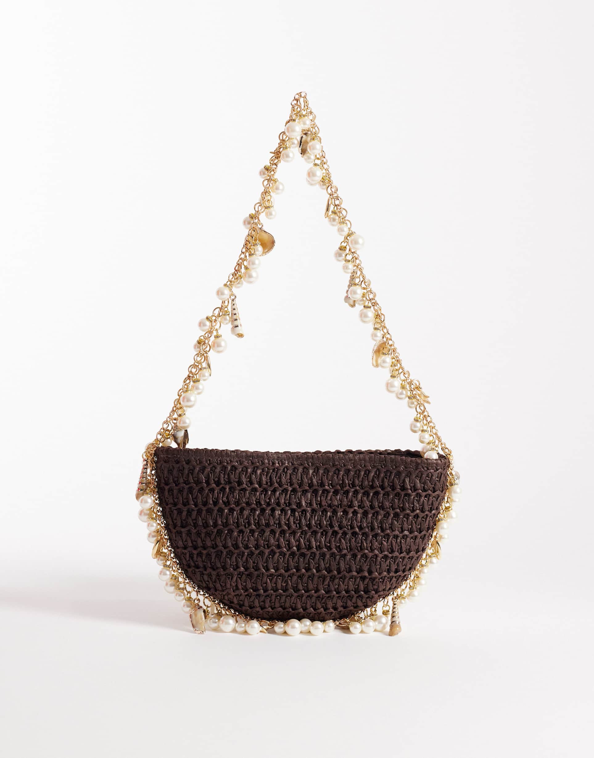 south beach shell and bead embellished shoulder bag in chocolate brown