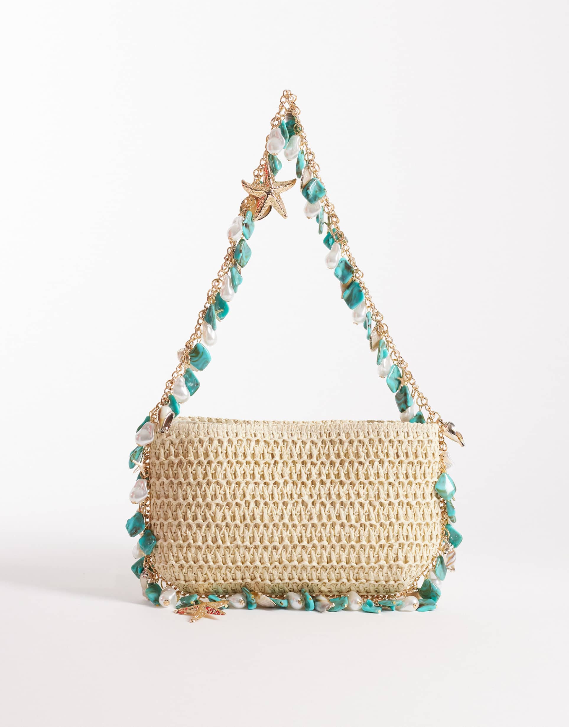 south beach shell and bead embellished shoulder bag in natural