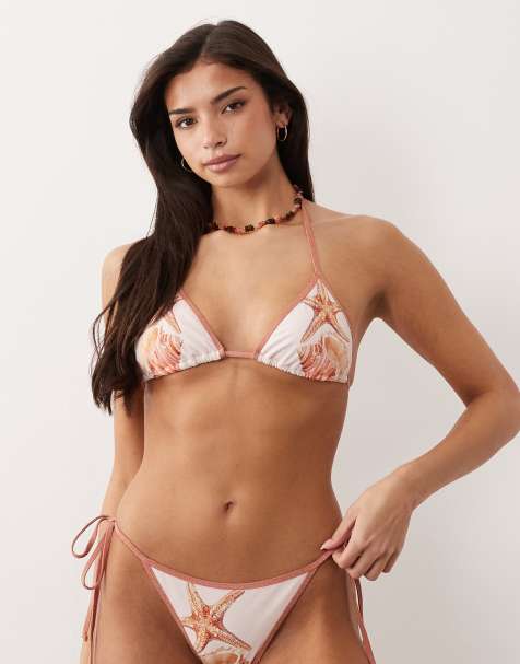 South Beach shell print triangle bikini top with contrast binding in beige - view 1