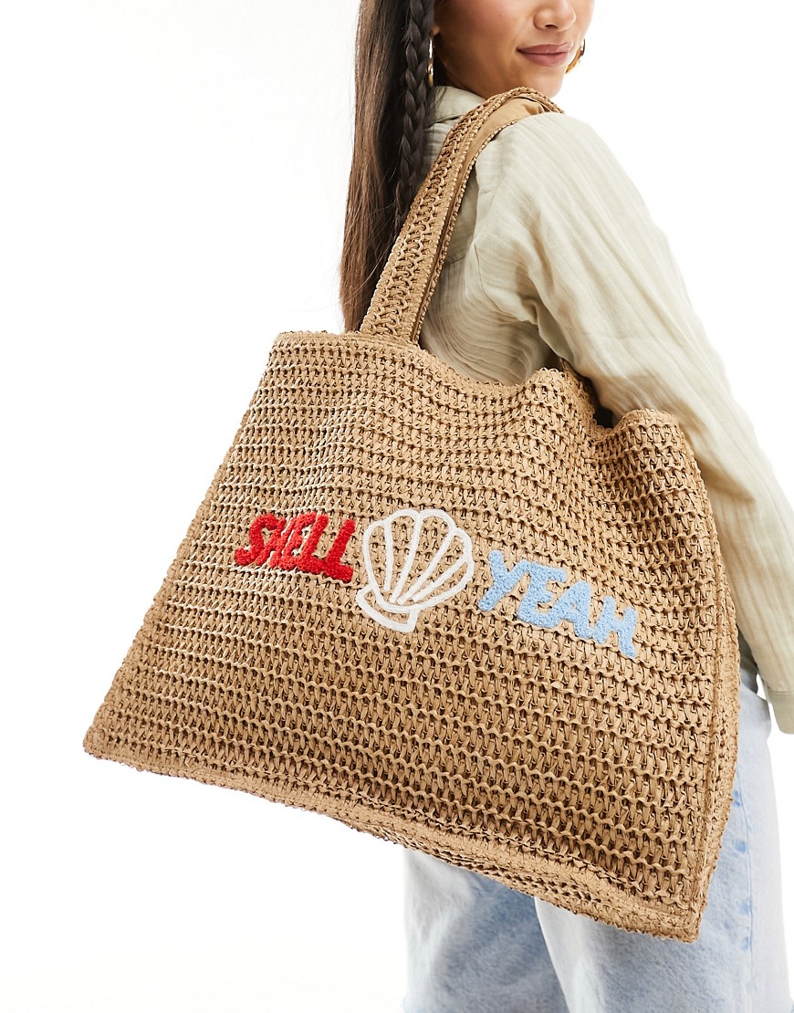 shell yeah embroidered woven shoulder tote bag-Neutral