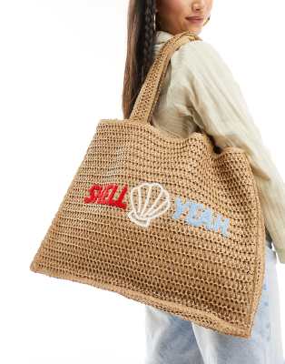  South Beach shell yeah embroidered woven shoulder tote bag 