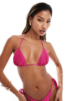 shimmer crinkle triangle bikini top in pink