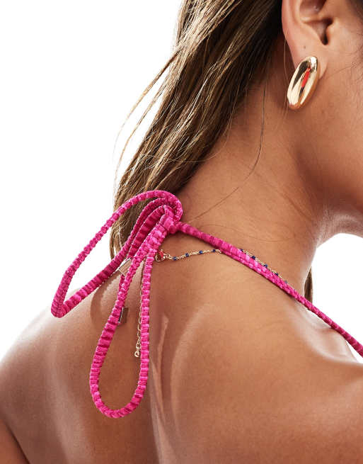South Beach shimmer crinkle triangle bikini top in pink, 3 of 4