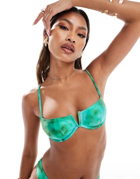 South Beach shiny abstract print underwire bikini top in green - view 1