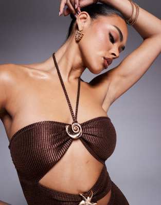 South Beach Shiny Crinkle Cut Out Halter Swimsuit In Brown