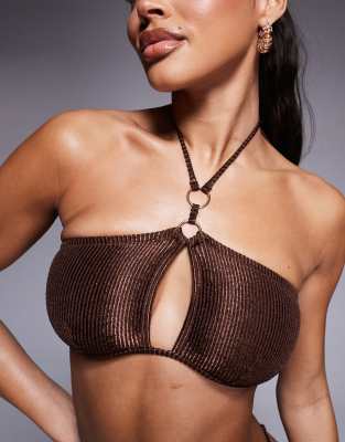 South Beach Shiny Crinkle Halter Bikini Top In Brown