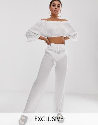 South Beach shirred top & beach trouser co-ord-White