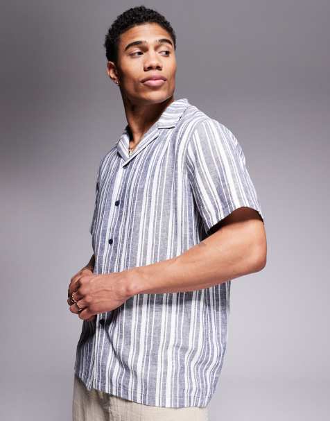 South Beach short sleeve beach shirt in blue and white stripe - view 1