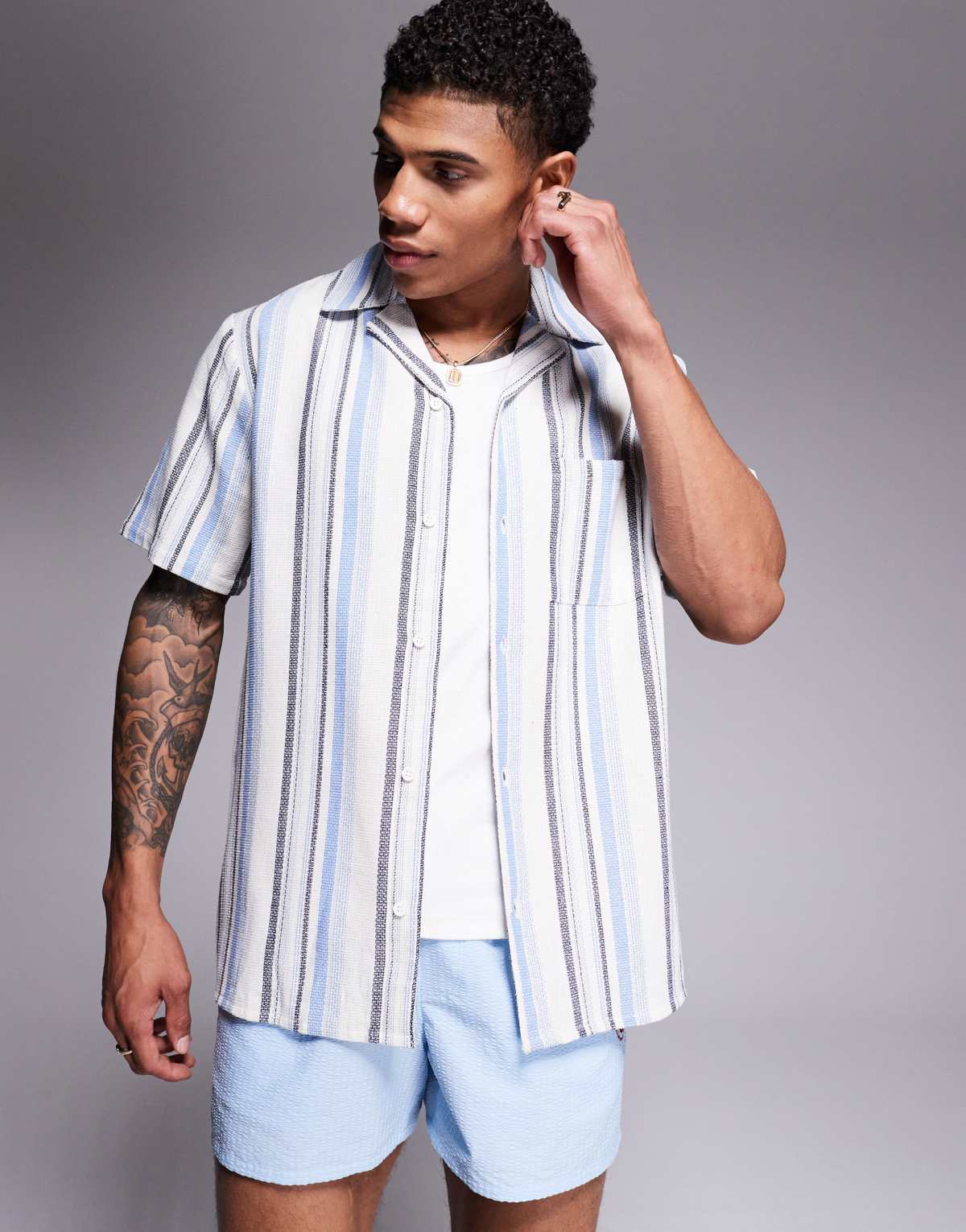 South Beach short sleeve beach shirt in blue multi stripe