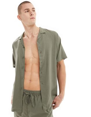 short sleeve linen blend beach shirt in khaki-Green