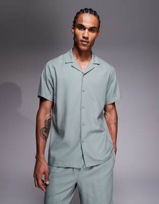 South Beach Short Sleeve Linen Blend Shirt In Green