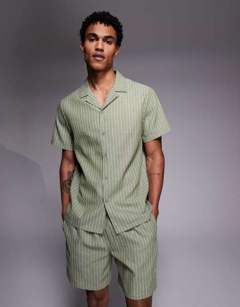 South Beach short sleeve linen shirt in khaki stripe