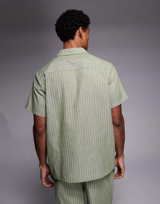South Beach short sleeve linen-blend shirt in khaki stripe, 3 of 5