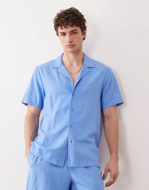 South Beach short sleeve linen blend shirt in mid blue - view 1
