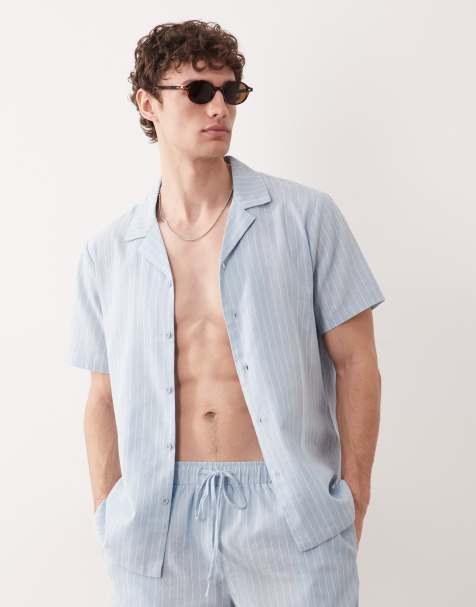 South Beach short sleeve linen look shirt in blue stripes - view 1