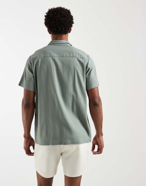 South Beach short sleeve linen look shirt in faded green, 3 of 5