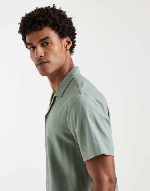 South Beach short sleeve linen look shirt in faded green, 4 of 5