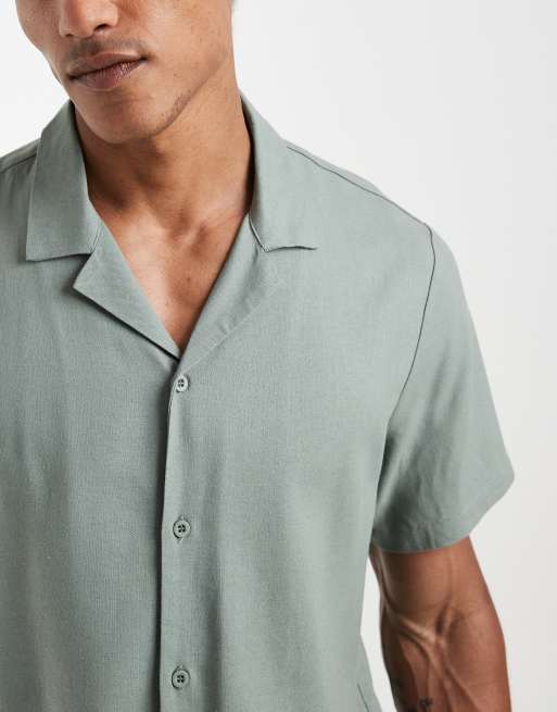 South Beach short sleeve linen look shirt in faded green, 5 of 5