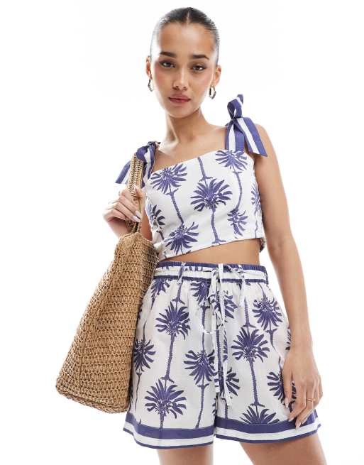 South Beach - Shorts met print en gestrikte schouders in wit