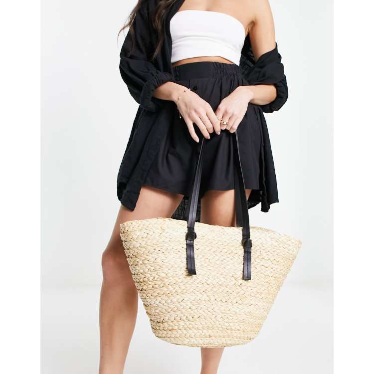 South Beach shoulder straw beach tote bag in beige