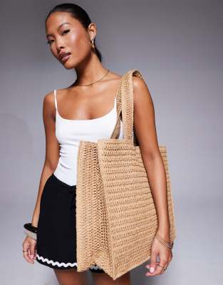 South Beach shoulder straw beach tote bag in beige-Neutral
