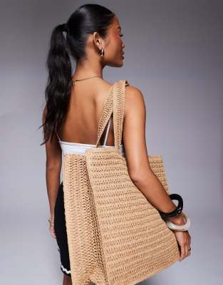 South Beach shoulder straw beach tote bag in beige