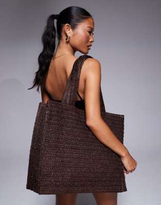 shoulder straw beach tote bag in chocolate brown