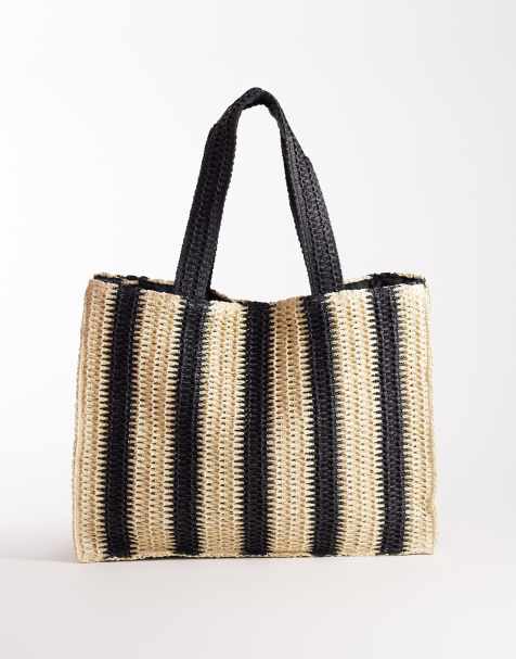 South Beach shoulder straw beach tote bag in mono vertical stripe - view 1