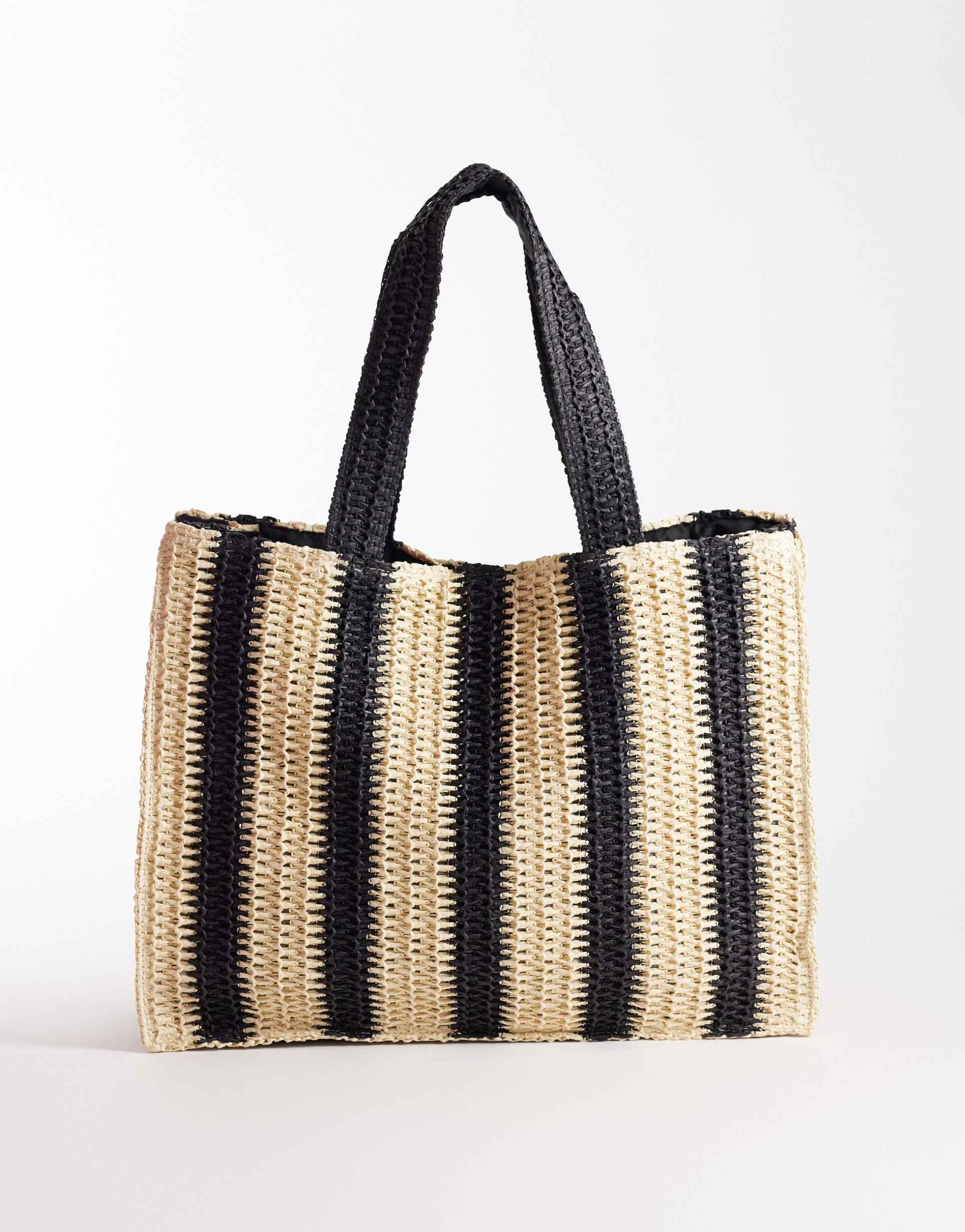 south beach shoulder straw beach tote bag in mono vertical stripe