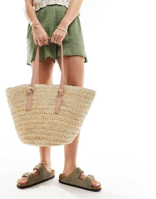South Beach shoulder straw beach tote bag in natural with beige contrast strap, 2 of 4