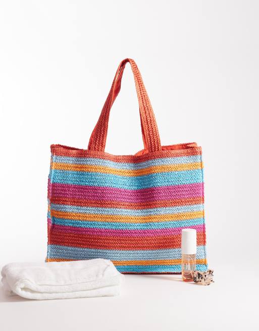 South Beach shoulder straw beach tote bag in orange and blue stripe , 2 of 4