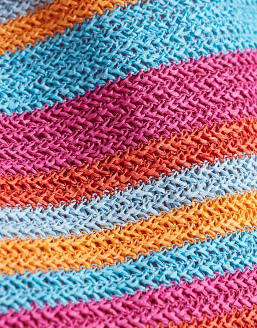 South Beach shoulder straw beach tote bag in orange and blue stripe , 4 of 4